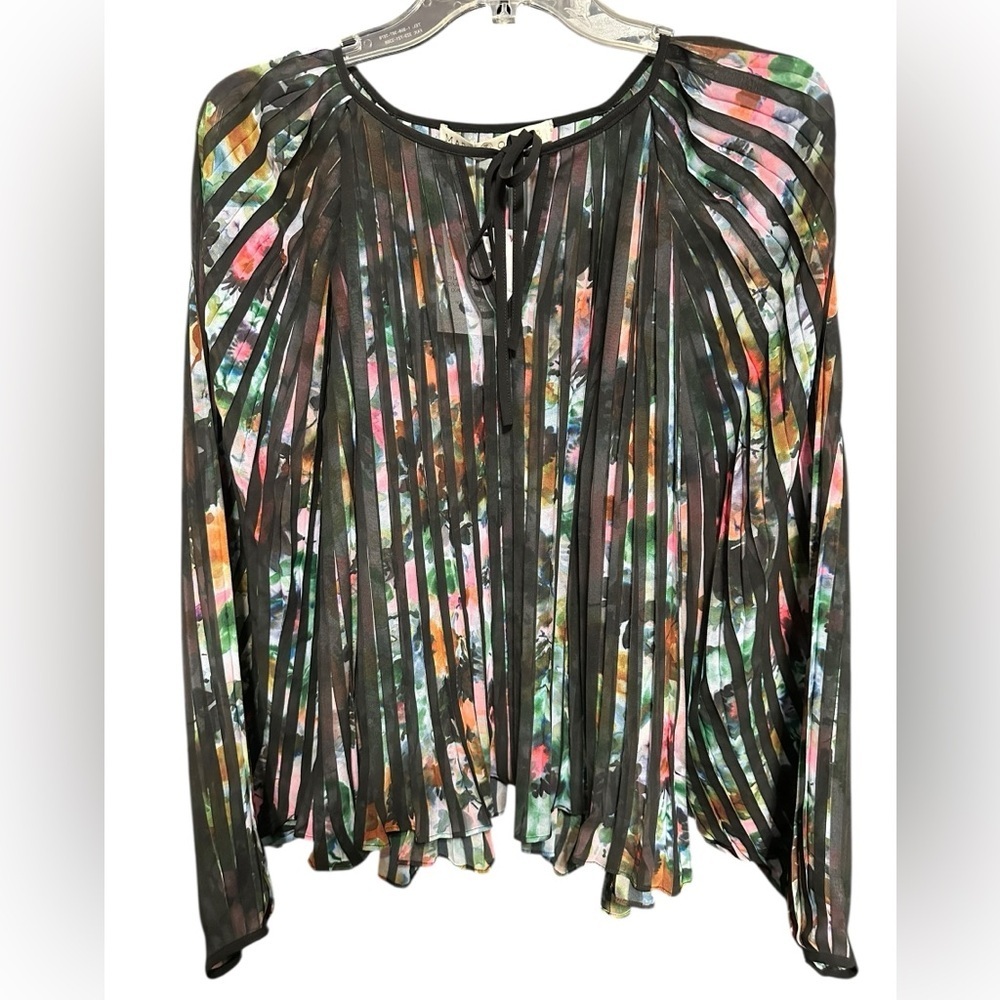 NWT Marie Oliver Black Stripe Jesse Ocean Tropical Silk Lurex Pleated Tie Blouse - Picture 2 of 6